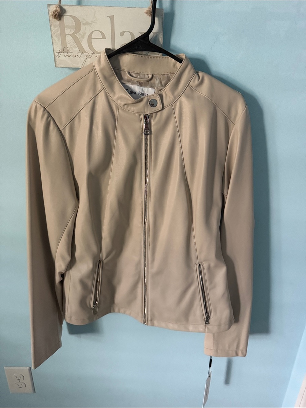 NWT Calvin Klein women’s Beige Faux Leather Jacket size L